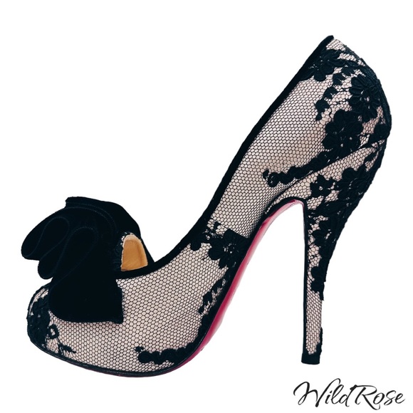 Christian Louboutin Shoes - CHRISTIAN LOUBOUTIN “Lady Page” Black Floral Lace &Velvet Nude Heels SZ 36